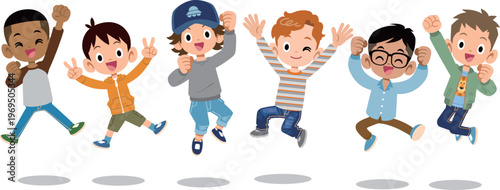 ジャンプする様々な国、様々な人種の男の子たち
