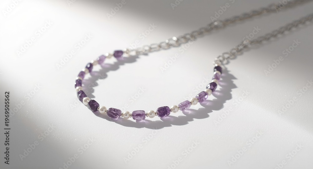 Obraz premium Delicate handmade necklace with amethyst quartzite and pearl beads on silver over white backdrop with shadow
