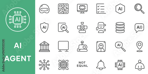 AI agent outline icon set featuring robot, chatbot, ai generator and virtual assistant icons, illustrating automation, machine learning and digital assistant technology.