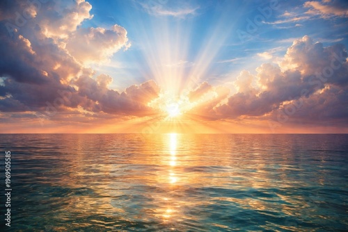 Radiant heavenly sky with shining reflections over calm sea water