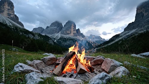 A warm campfire burns brightly in a rocky circle with majestic mountains in the background