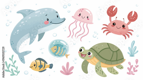 Colorful sea animals set with dolphin crab jellyfish turtle and fish swimming together in ocean