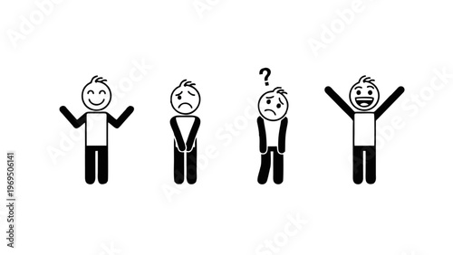 A set of stick figures expressing different emotions on a white background