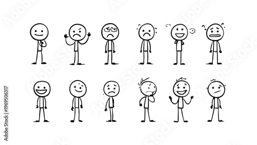 A set of stick figures expressing various emotions and reactions in a simple black and white illustration.
