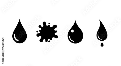 Droplet icon set with water and ink splat shapes in black featuring liquid, fluid, graphic resource with vector and illustration elements for symbol,