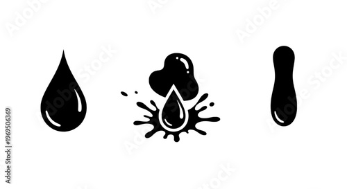 Droplet icon set with black liquid splashes and teardrop shapes on white background featuring tear drop, vector graphics, water drop with fluid