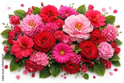 Vibrant red and pink flower collage on white background with lush green summer leaves