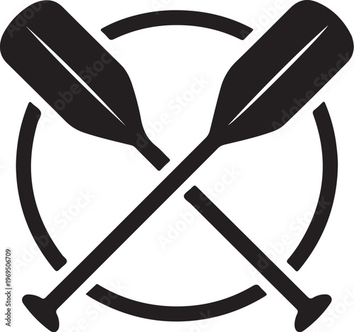 Black crossed oar and paddle icon on white background vector graphic