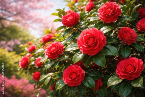 Vibrant Japanese Camellia shrub displaying rose shaped red blooms and fresh evergreen leaves on a sunny spring day