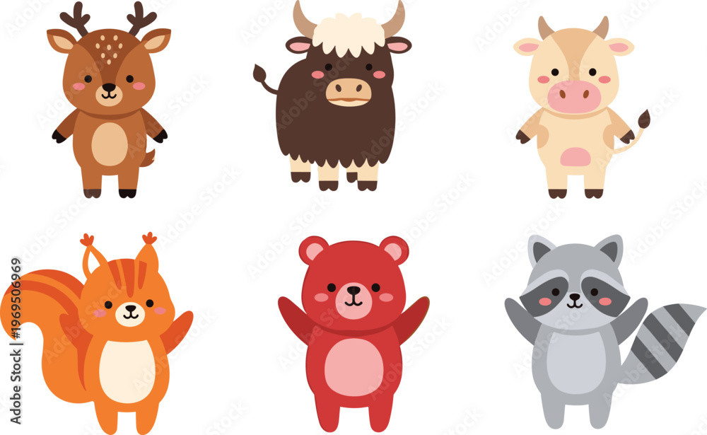 Obraz premium Cute Cartoon Forest Animals Characters Deer Yak Cow Bear Raccoon Vector Illustration Set