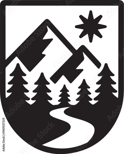 Black silhouette of mountains trees and river on white background