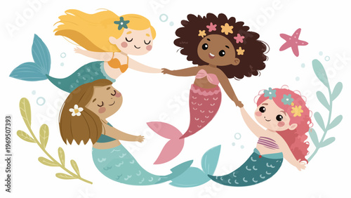 Diverse mermaids with different skin tones and hair textures hold hands in a circle surrounded by seaweed and a starfish in a whimsical underwater scene with bubbles