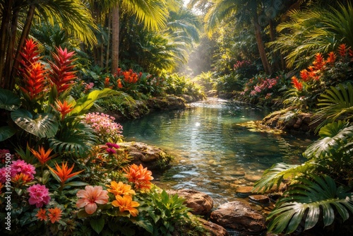 Summer tropical garden with vibrant foliage and intricate floral textures by shimmering water