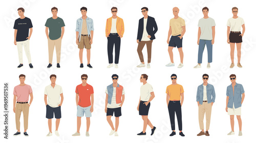 Modern Fashion Men Flat Illustration Set Trendy Young Male Characters in Summer Style