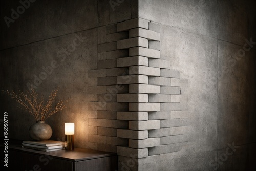 Modern interior concrete wall featuring a textured three dimensional brick corner detail