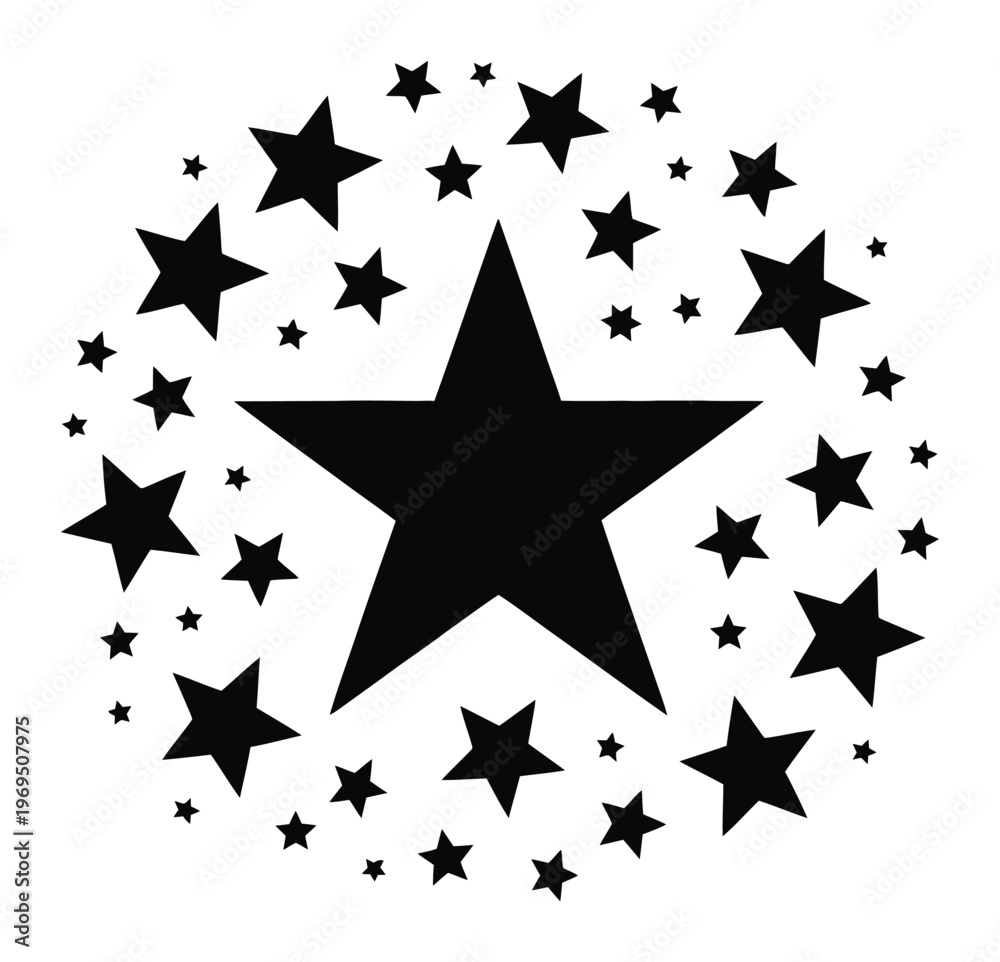 Fototapeta premium A large black star at the center surrounded by many smaller black stars in a circular pattern