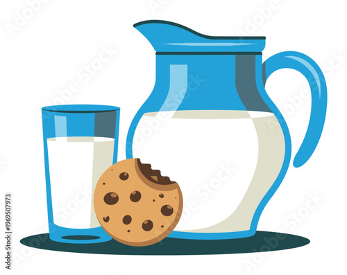 A glass of milk and a cookie next to a pitcher of milk