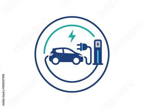 Electric Vehicle Charging Station Icon. Flat Vector Illustration of EV Car Powering Up at an Eco-Friendly Green Energy Point
