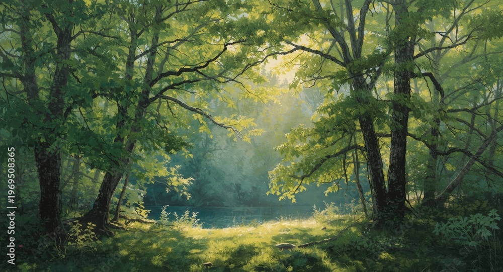 Fototapeta premium Vertical oil artwork depicting a tranquil forest scene with sunlight piercing dense green trees