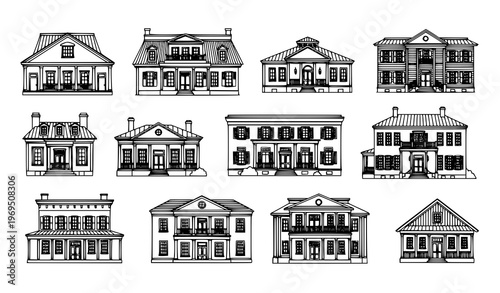 Southern city buildings collection black white outline vector set with architectural elements isolated