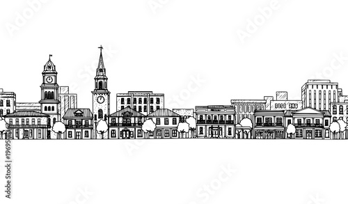 Southern city skyline black and white sketch vector with historic architecture panoramic urban illustration