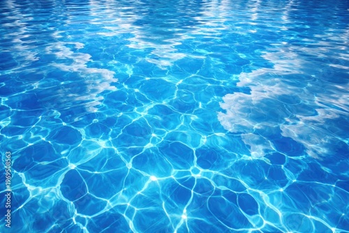 Closeup of electric blue swimming pool water with mesmerizing patterns reflecting sky and clouds