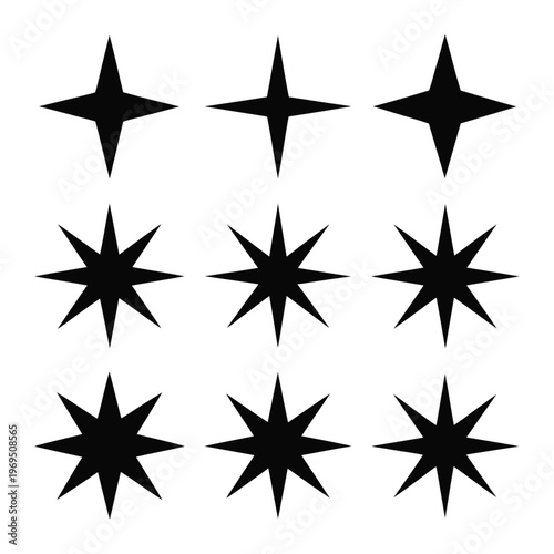 Collection of Black Starburst and Star Shapes on White Background