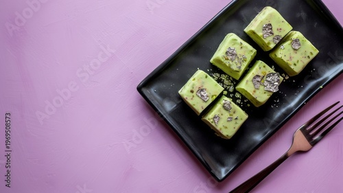 Delicious pistachio indian sweet squares garnished with edible silver leaf served on a modern black rectangular plate with a fork on a vibrant light purple background