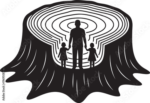 Family Silhouette Inside Tree Stump Rings, Symbolizing Growth and Heritage, Vector Illustration