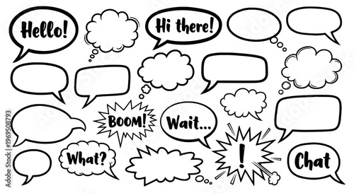 Speech bubbles comic book style with various shapes and words featuring chat, conversation, dialogue with text and hello elements for hi there, boom
