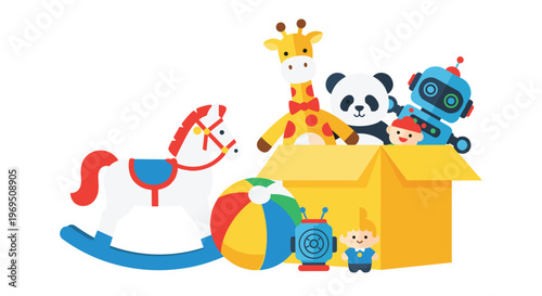 Toy Collection with Giraffe, Panda, Rocking Horse, Robot, and More for Kids, Playtime, and Toy Store Graphics