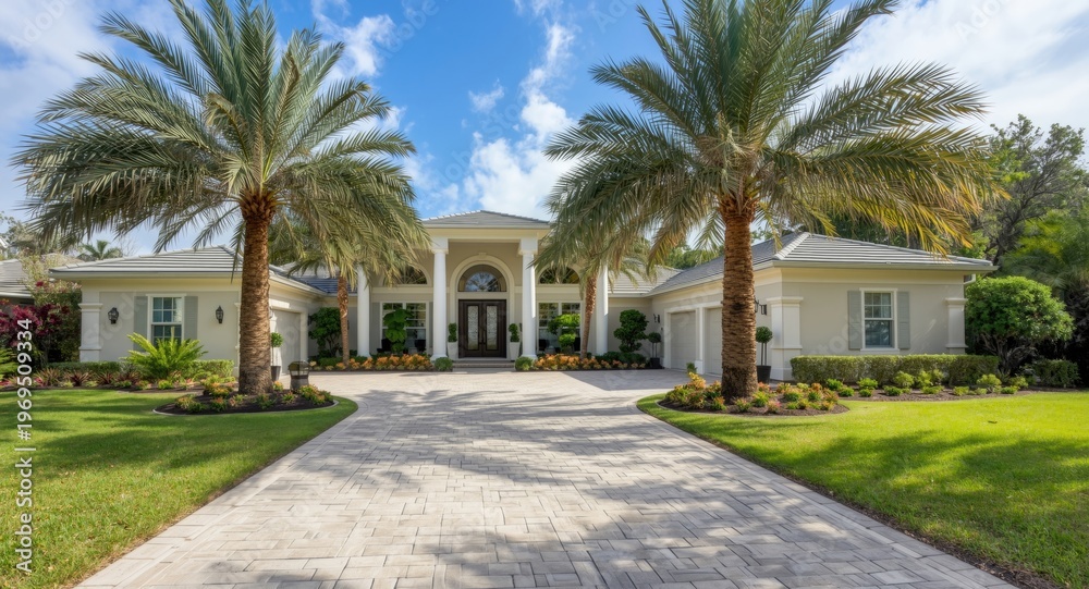 Obraz premium Majestic palms and white columns enhance the front yard of a spacious house with a wide driveway and garage