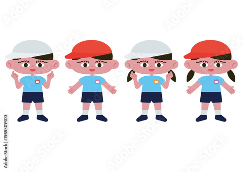 紅白帽子と幼稚園服の子どもたちのベクターイラスト素材セット