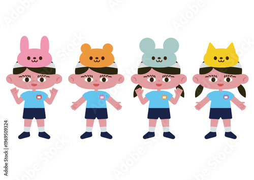 幼稚園服とお遊戯会の被り物の子どもたちベクターイラスト素材