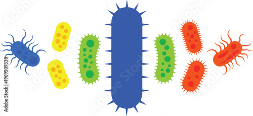Various bacteria shapes and colors are illustrated in a scientific graphic