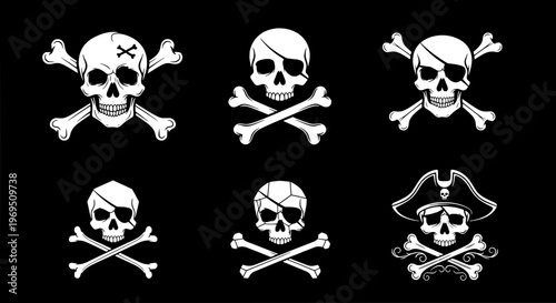 Skulls pirate symbol set with crossed bones and bandanas on black background featuring skull and crossbones, white icons, danger symbols with warning