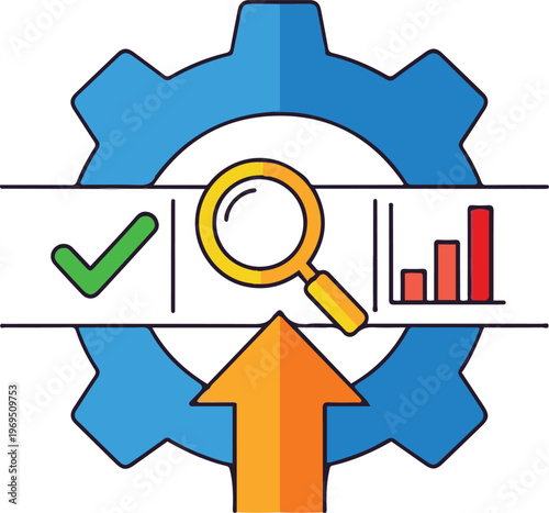A graphic illustration of a gear with a magnifying glass and bar chart