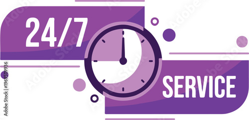 24/7 Service Purple Clock Icon Vector Illustration