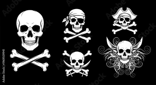 Skull set with crossed bones and pirate symbols in white on black background featuring skulls, illustration, graphic with icon and collection