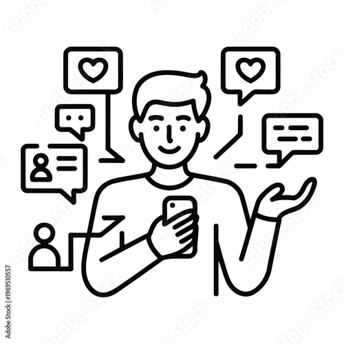 social media engagement person line icon eps showing user with chat icons likes and interaction for communication networking and digital community marketing concept