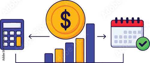 A financial planner uses a calculator and calendar to analyze a growing bar chart with a dollar coin, illustrating business finance growth over time.