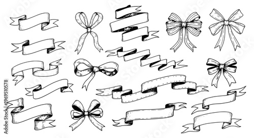 Ribbons hand drawn set with black curved lines and bows, elegant decorative elements for design and typography.