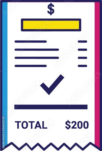 A colorful illustration of a receipt with a yellow rectangle and a blue checkmark on a white background showing a total of two hundred dollars