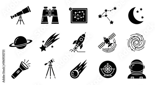 A 3x5 grid of black silhouette icons related to astronomy and space exploration