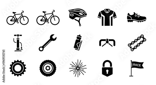 A collection of black and white icons representing various bicycle components and cycling gear