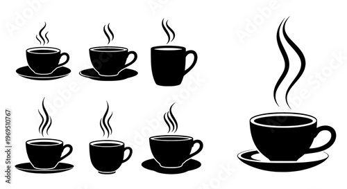 Cup coffee set with steam rising from hot beverages in various styles featuring drink, icon, collection with black and white elements for vector,
