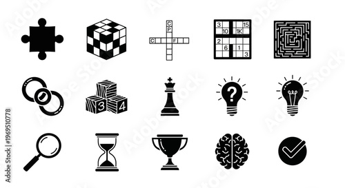 A 3x5 grid of black silhouette icons representing puzzles games and thought processes