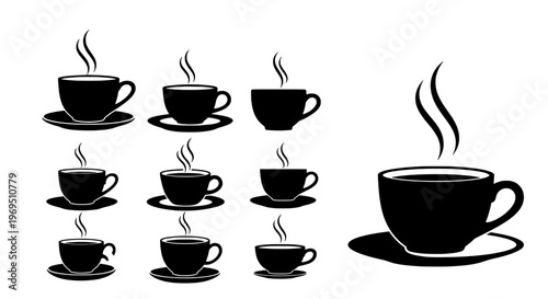 Cups coffee icon set with steam rising from the hot beverage, various sizes and styles featuring cup, drink, collection with black and white elements