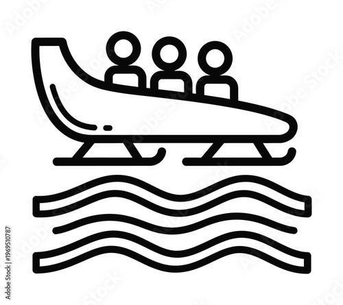 Vector of three people riding a speedboat across stylized wavy water