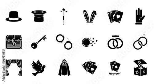 A grid of black and white icons representing various magic tricks and props